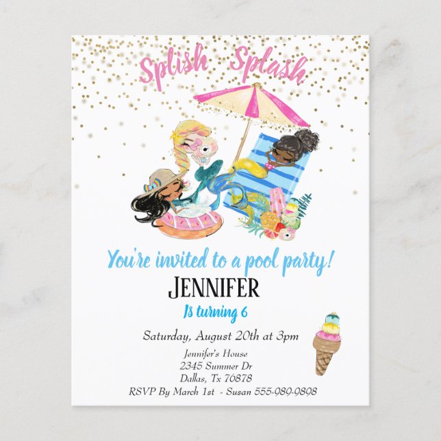 Mermaid Gold Confetti Pool Party Birthday Invitati (Front)