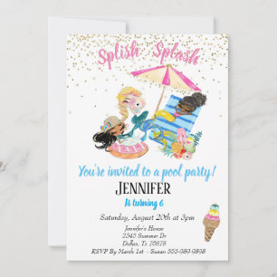 Mermaid Gold Confetti Pool Party Birthday Invitation