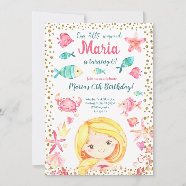 Mermaid Gold Confetti Sea Girl Birthday Party Invitation (Front)