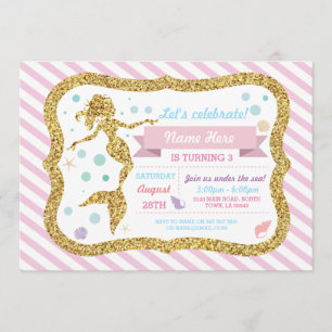 Mermaid Gold Glitter Pink Stripe Invitation