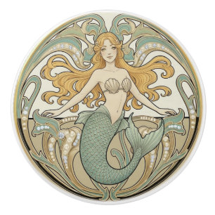 Mermaid Green Cream & Gold Art Nouveau Ocean Sea Ceramic Knob