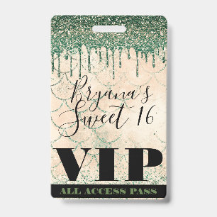 Mermaid Green Peach Glitter Drip Sweet 16 VIP Pass ID Badge