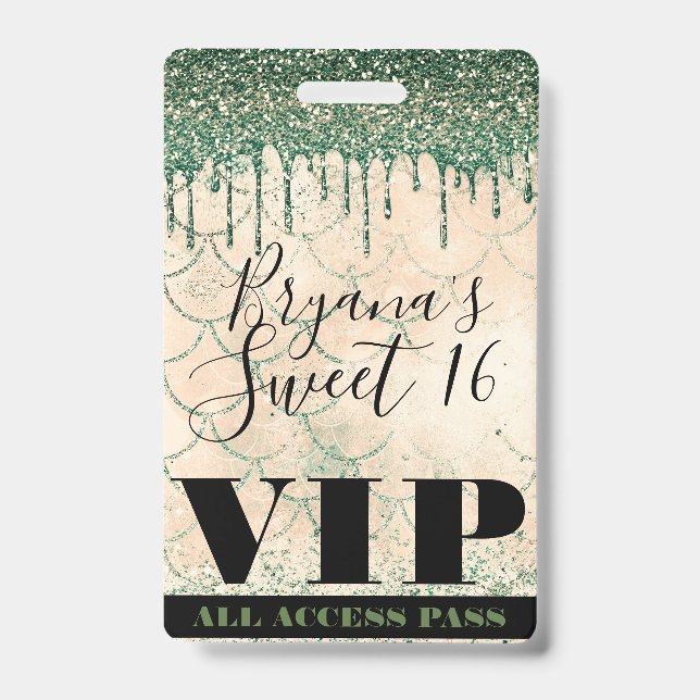 Mermaid Green Peach Glitter Drip Sweet 16 VIP Pass ID Badge (Front)