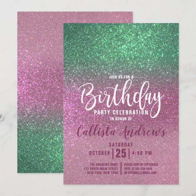 Mermaid Green Pink Triple Glitter Ombre Birthday Invitation (Front/Back)