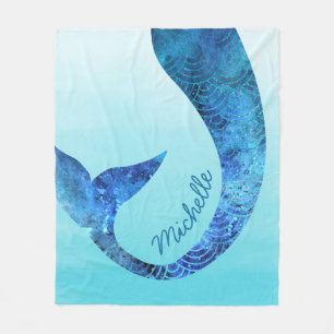 Mermaid Half Fun Custom Name Blue Fleece Blanket