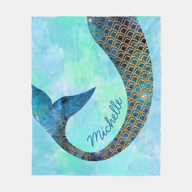 Mermaid Half Fun Custom Name Fleece Blanket (Front)