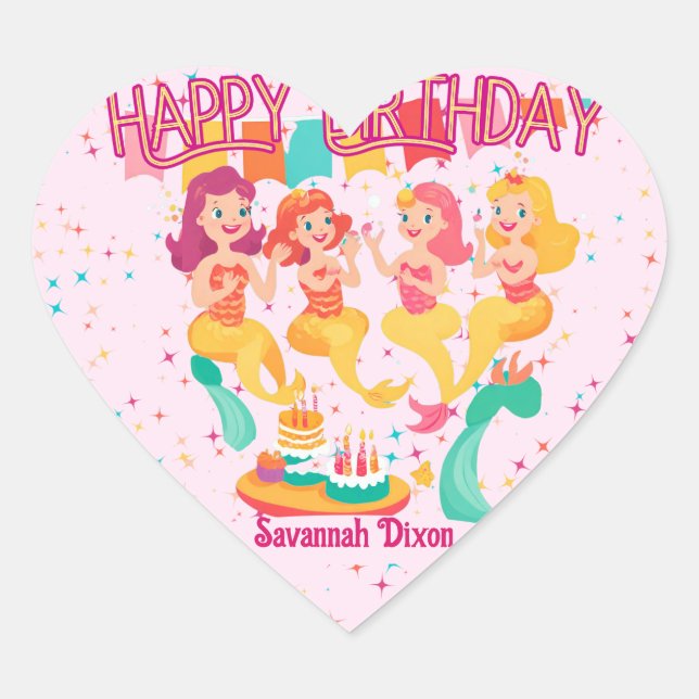 Mermaid Happy Birthday Heart Stickers (Front)