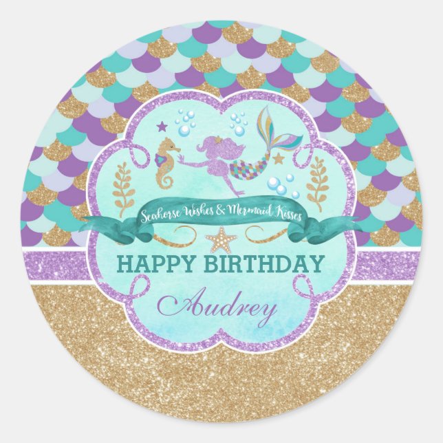 Mermaid Happy Birthday Personalised Sticker (Front)
