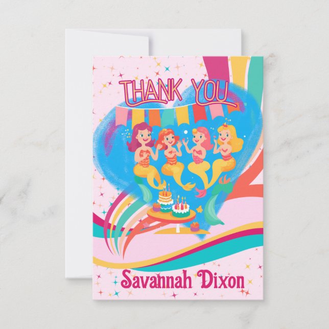 Mermaid Happy Birthday Thank You Cards (Front)
