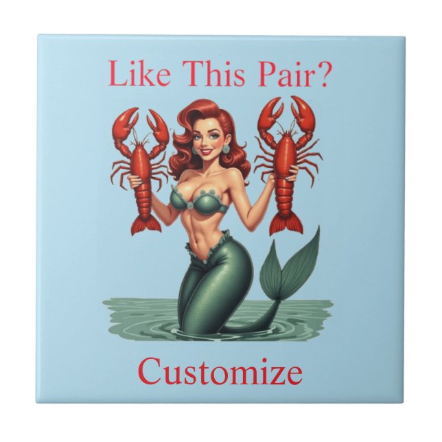 Mermaid Holding Lobsters Thunder_Cove Ceramic Tile (Front)