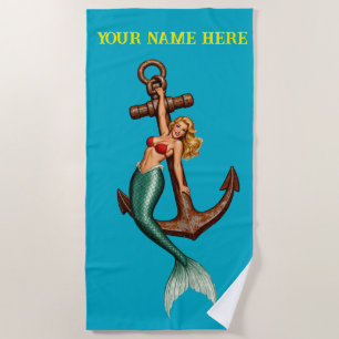 Mermaid holding onto Vintage Ships Anchor Beach Towel