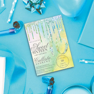 Mermaid Holographic Glitter Drips Sweet 16 Invitation