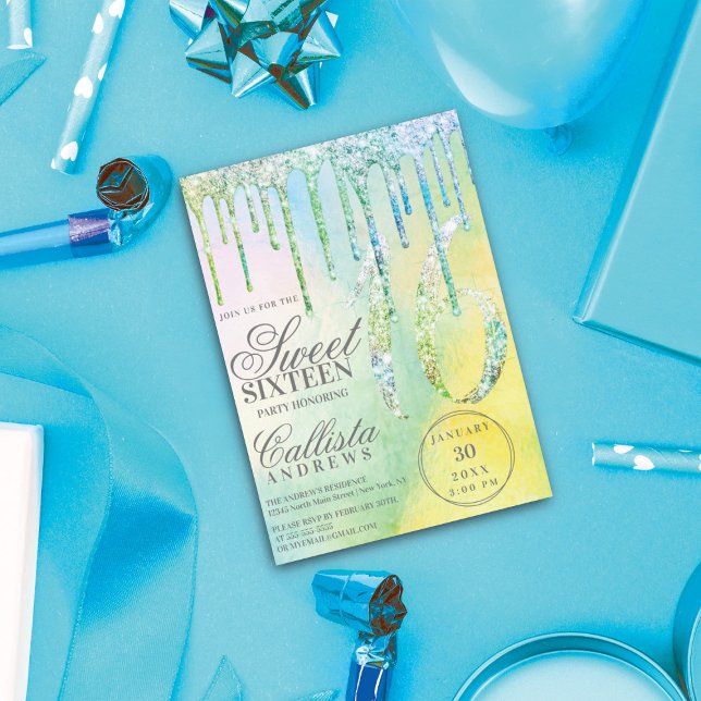 Mermaid Holographic Glitter Drips Sweet 16 Invitation (Creator Uploaded)