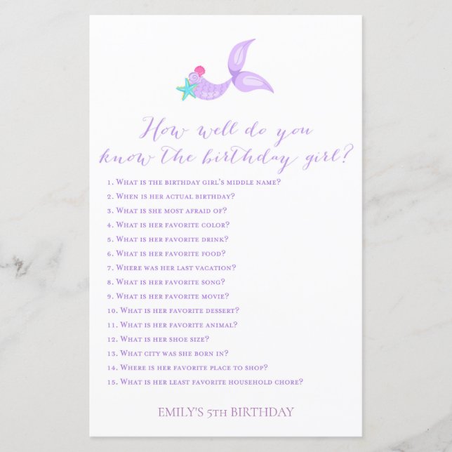 Mermaid How well do you know birthday girl (Front)