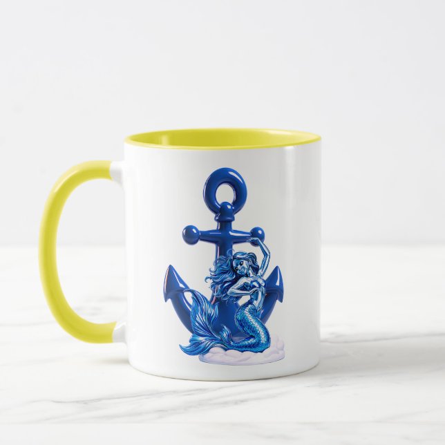 Mermaid Illustration Nautical Blue Anchor Mug (Left)