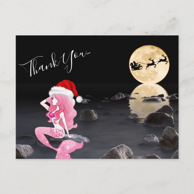 Mermaid in Pink and Santa Hat Full Moon Thank You Postcard (Front)