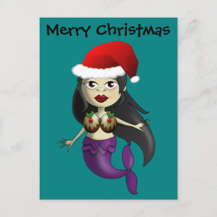Mermaid in Santa Hat and Christmas Puds Holiday Postcard