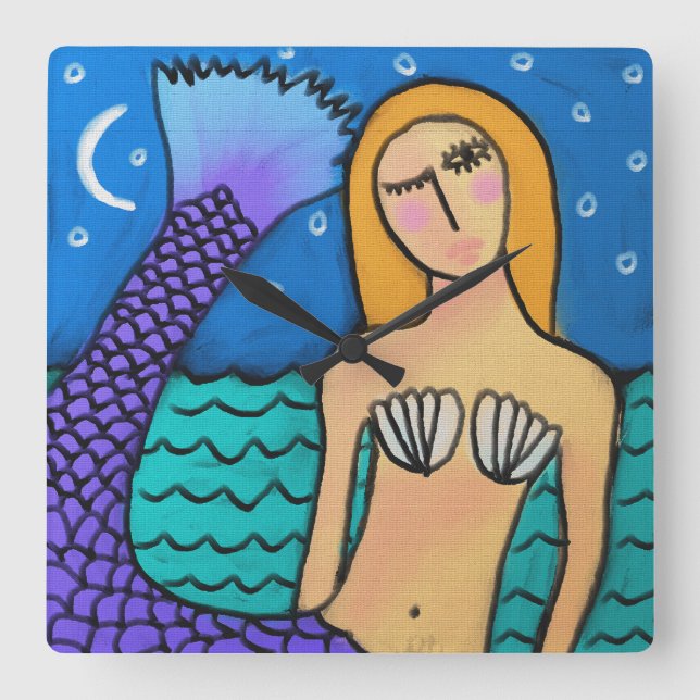 Mermaid in the Moonlight Abstract Art Square Wall  Square Wall Clock (Front)