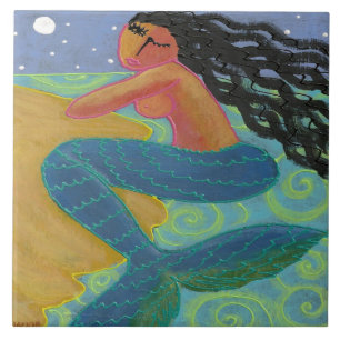 Mermaid in the Moonlight Abstract Painting Ceramic Tile