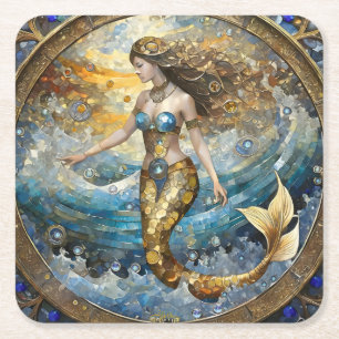 Mermaid in the Ocean Waves Square Paper Coaster