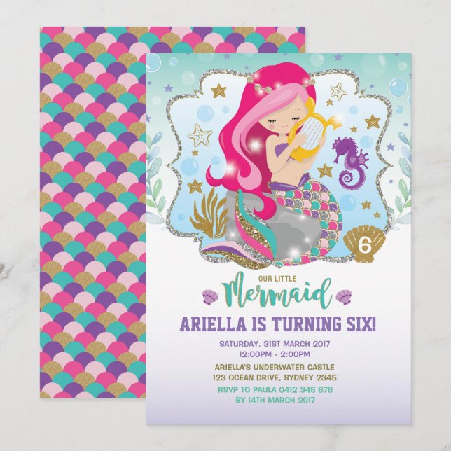 Mermaid Invitation Birthday Party Hot Pink Gold (Front/Back)