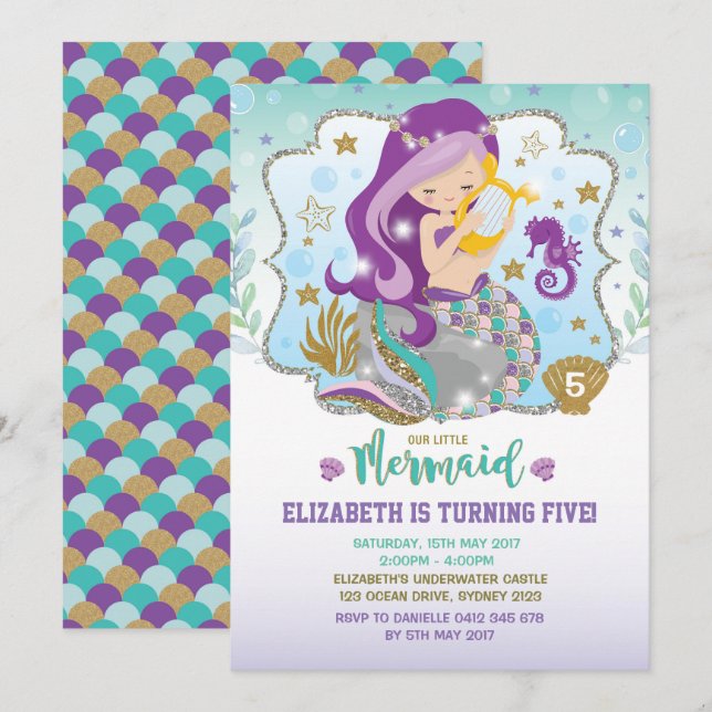 Mermaid Invitation Birthday Pool Party Invites (Front/Back)
