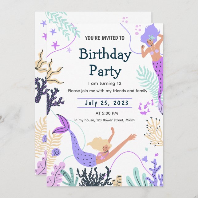 Mermaid Invitation for an Under the Sea Birthday  (Front/Back)
