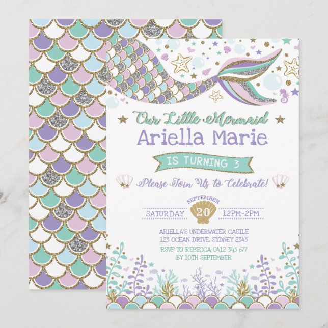 Mermaid Invitation Under the Sea Birthday Party (Front/Back)