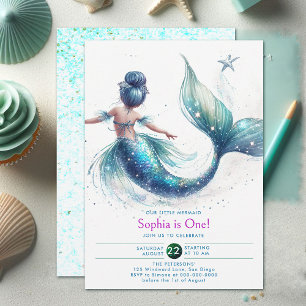 Mermaid Iridescent Glitter Under Sea 1st Birthday Invitation