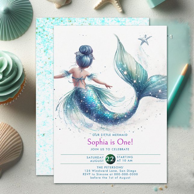 Mermaid Iridescent Glitter Under Sea 1st Birthday Invitation (girls 1st birthday invitation mermaid under the sea cute character watercolor adorable holographic)