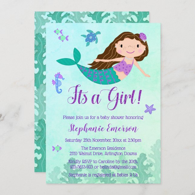 Mermaid It's A Girl Baby Shower Invitations (Front/Back)