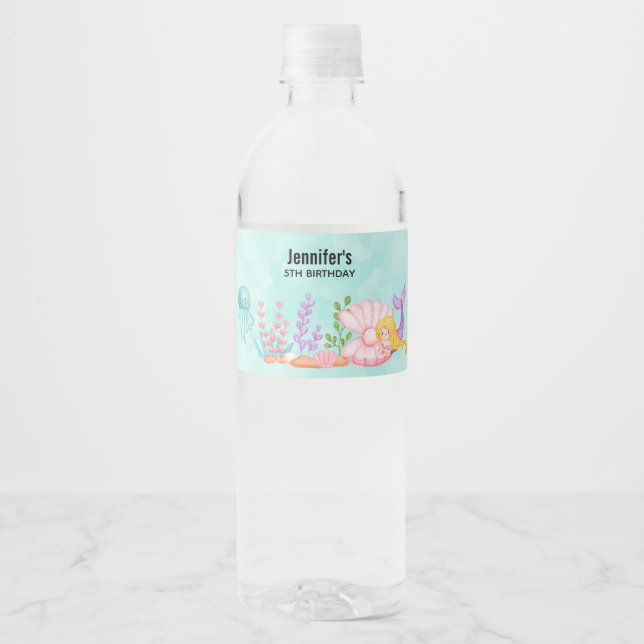 Mermaid & Jellyfish Under the Sea Watercolor Water Bottle Label (Front)