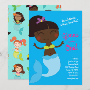 Mermaid Kids Birthday Dark Skin Black Asian Invitation