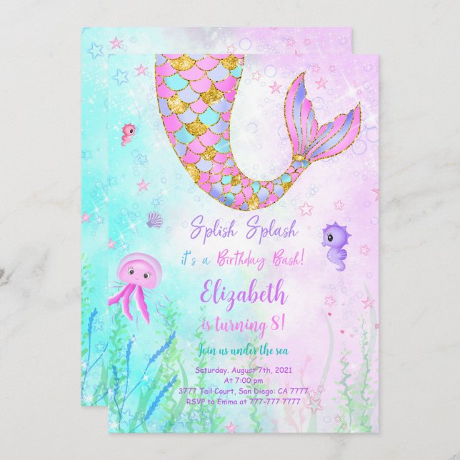 Mermaid Kids Birthday Invitation (Front/Back)
