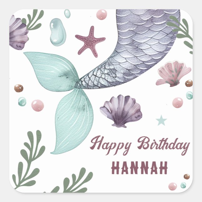 Mermaid Kids Birthday Sea Purple Square Sticker (Front)