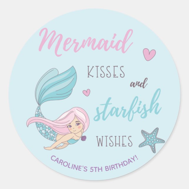 Mermaid Kisses Starfish Wishes Birthday Classic Round Sticker (Front)
