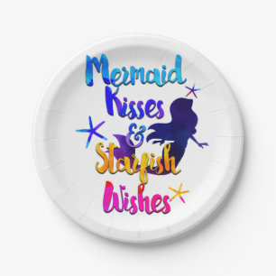 Mermaid Kisses & Starfish Wishes Watercolor Beachy Paper Plate