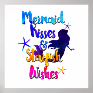 Mermaid Kisses & Starfish Wishes Watercolor Beachy Poster