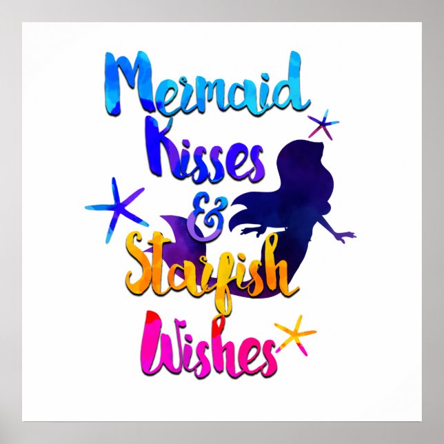 Mermaid Kisses & Starfish Wishes Watercolor Beachy Poster (Front)