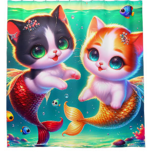 “Mermaid Kittens with Fish Friends" Shower Curtain