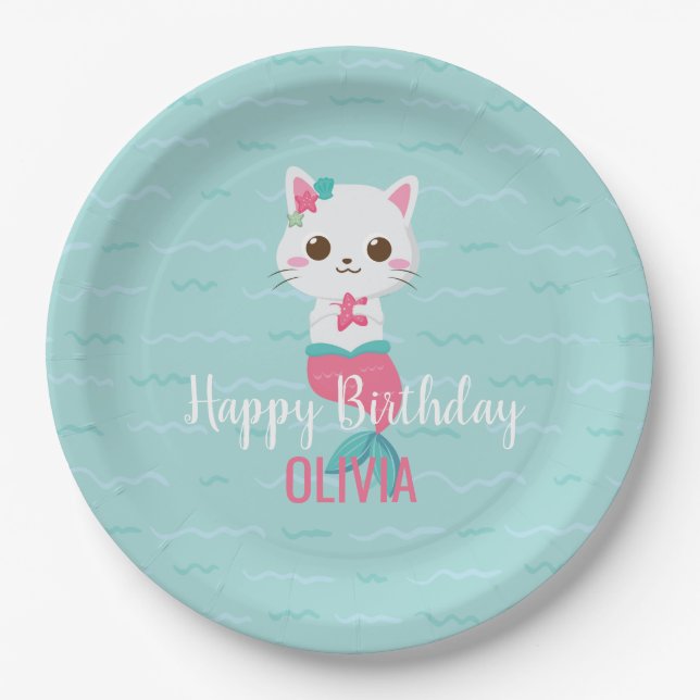 Mermaid Kitty Birthday Party Paper Plate (Front)