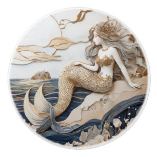 Mermaid Left Facing Faux Relief Japanese Asian art Ceramic Knob