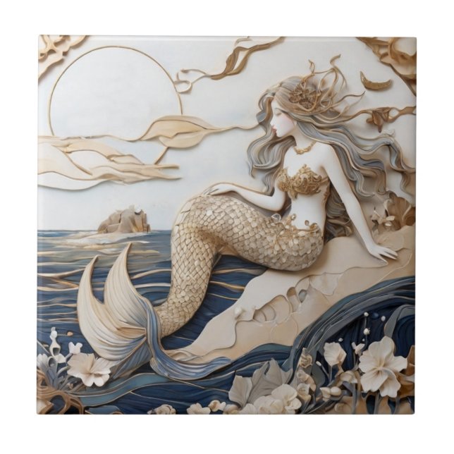 Mermaid Left sided Faux Relief Japanese Asian art Ceramic Tile (Front)
