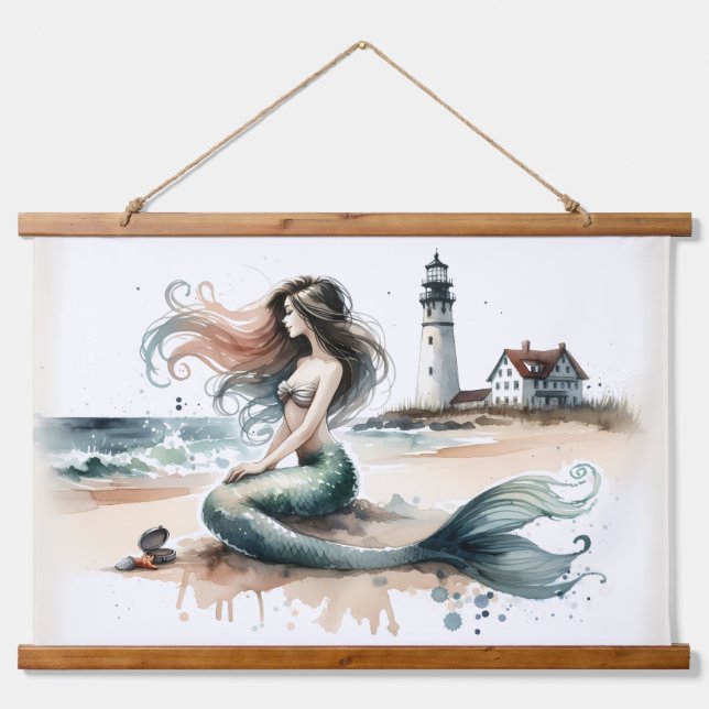 Mermaid Lighthouse Coastal Watercolor Scene Hanging Tapestry (Front)