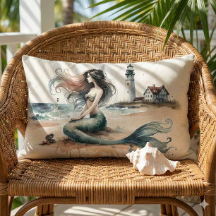 Mermaid Lighthouse Coastal Watercolor Scene Lumbar Cushion