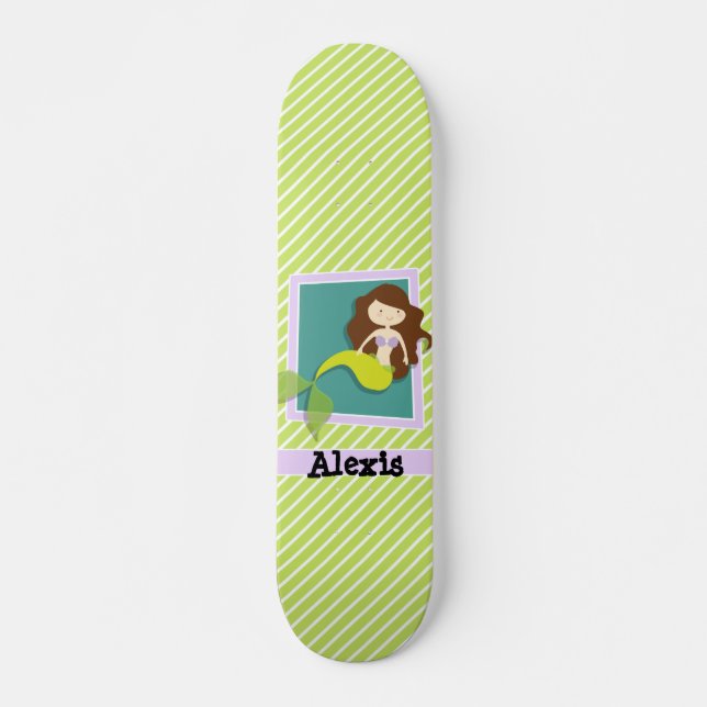 Mermaid; Lime Green & White Stripes Skateboard (Front)