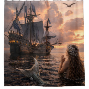 Mermaid Looking At A Sailing Ship Shower Curtain