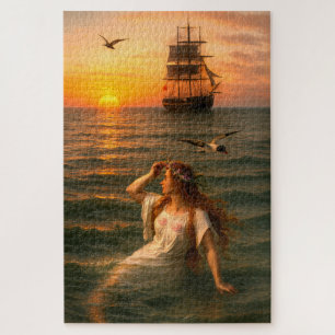 Mermaid Looking At Sailing Ship At Sunset Jigsaw Puzzle