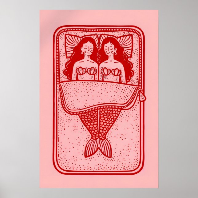 Mermaid Lovers Poster, Red Line Art Wall Print (Front)
