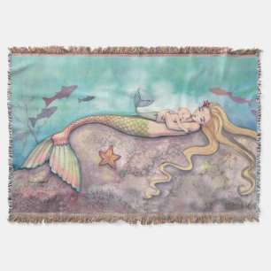 Mermaid Lullaby Mother and Baby Fantasy Art Throw Blanket